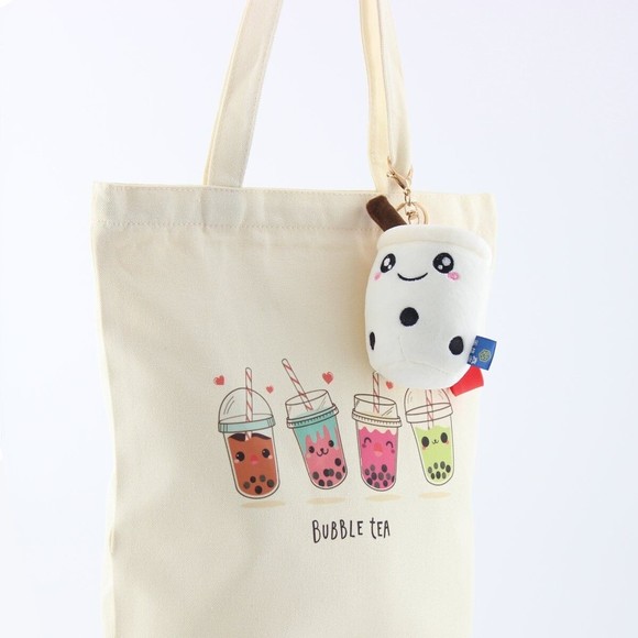 Canvas Boba Tote Bag Zipper with a White Boba Keychain - Picture 3 of 6